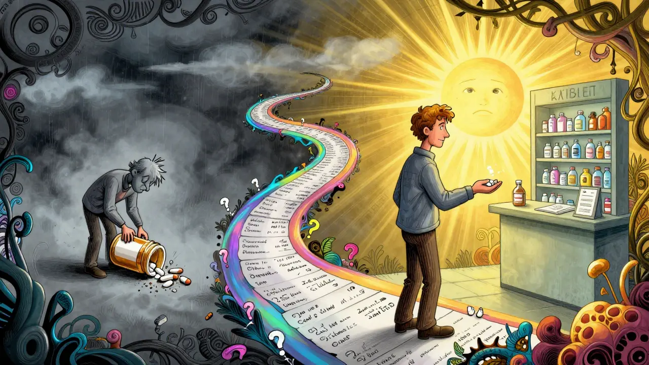 A person transitions from crumbling pills in despair to sharing them with a pharmacist, connected by a glowing path of whispered concerns.