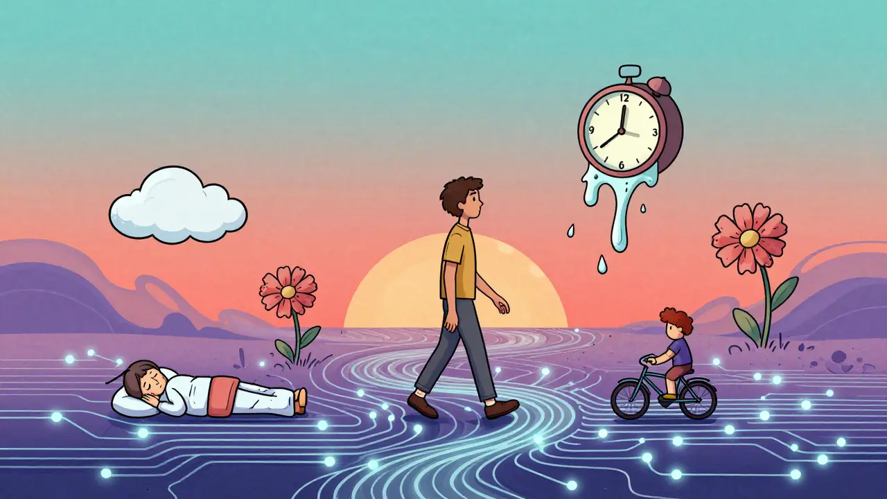 A person walking on a glowing neural path, symbolizing gentle active recovery after concussion.