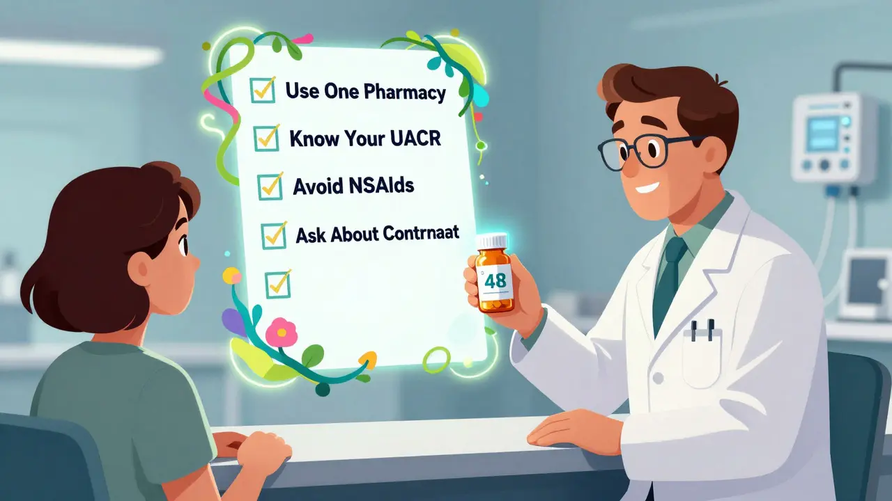 A pharmacist gives a patient a pill bottle labeled with eGFR, while a floating checklist glows with safety tips in psychedelic style.