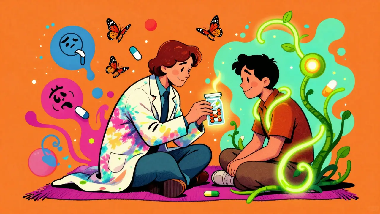 A pharmacist in psychedelic attire helps a patient as side effects transform into butterflies, surrounded by vibrant flowing colors.