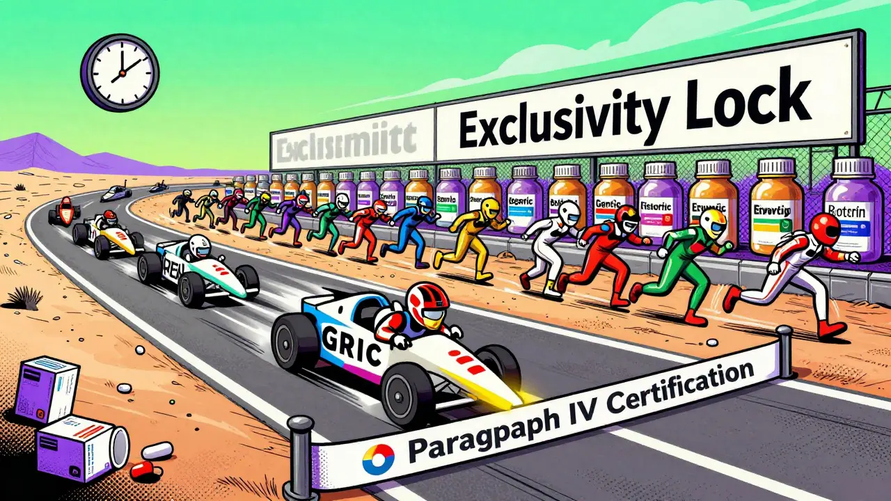 A race track of pill bottles where one generic company wins exclusivity while others are frozen behind an invisible wall.