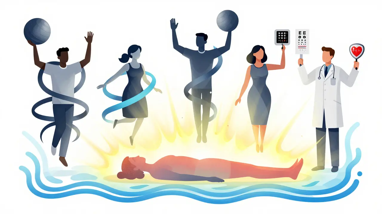 A team of stylized therapists helping a patient transform from gray to color through rehab.