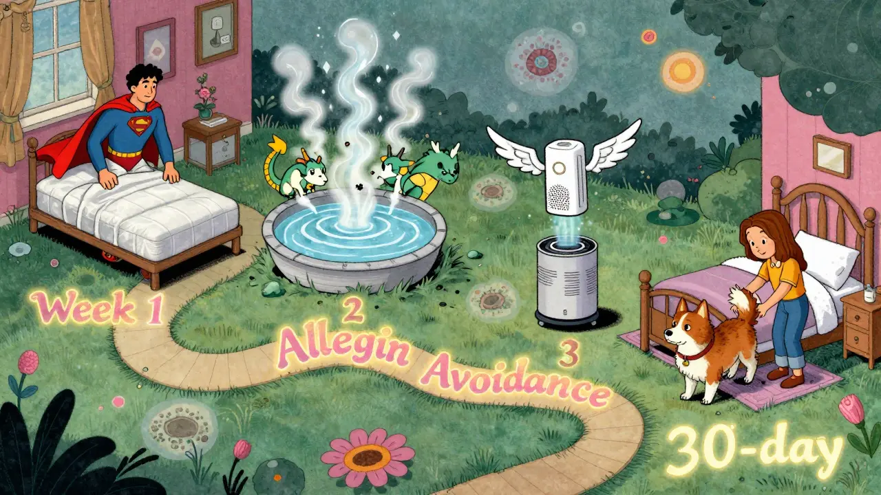 A whimsical path through a home shows weekly allergen control steps with glowing symbols: mattress cover, hot water sheets, air purifier, and pet kept out.
