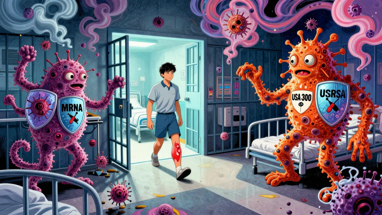 A young athlete stepping through a portal from prison to ICU, with hybrid MRSA strains morphing around them in psychedelic smoke.