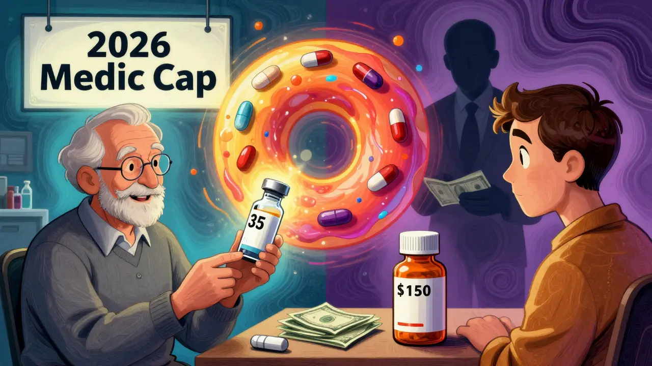 An elderly person receives  insulin while a younger person faces a 0 brand-name pill, with a donut hole between them.