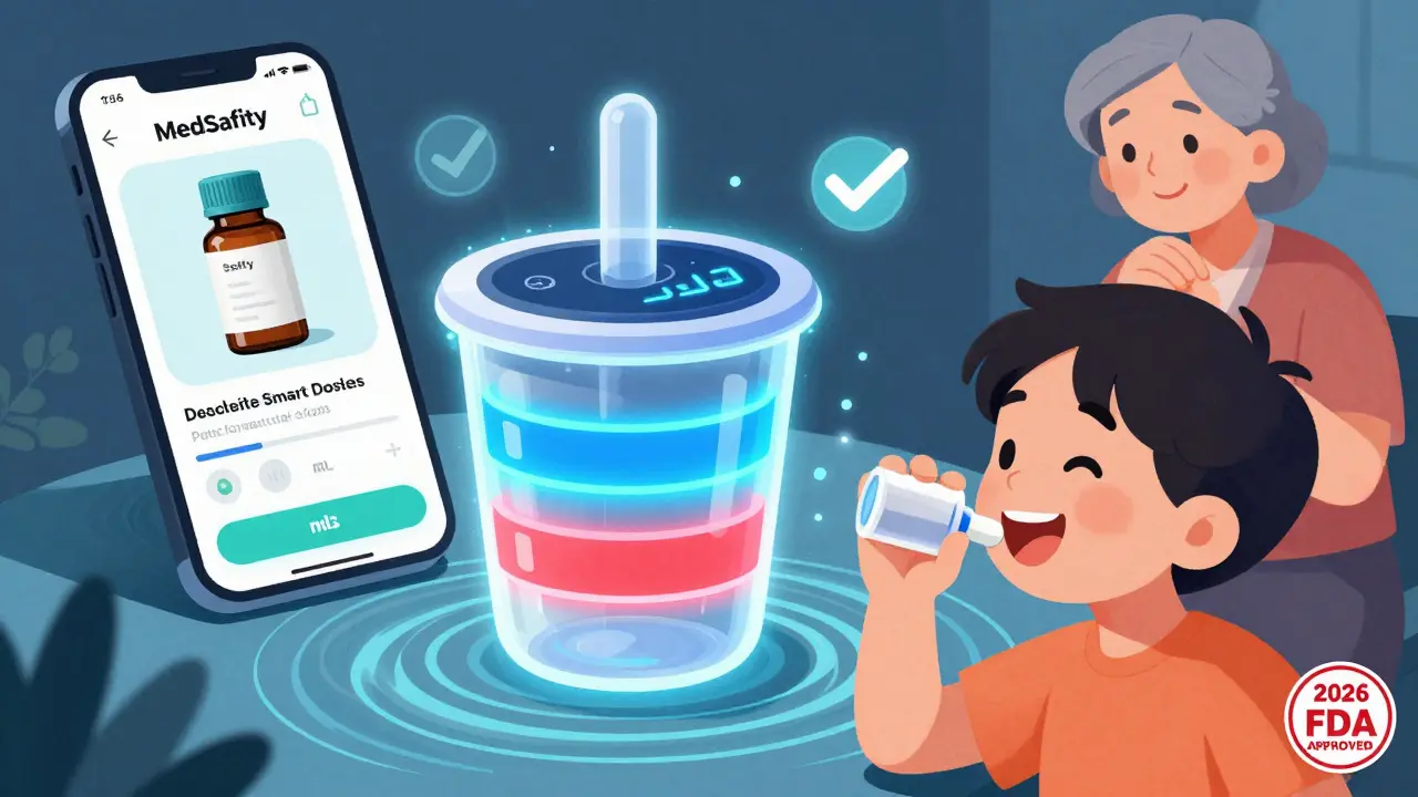 Color-coded smart dosing cup with digital display helping a child take medicine safely.