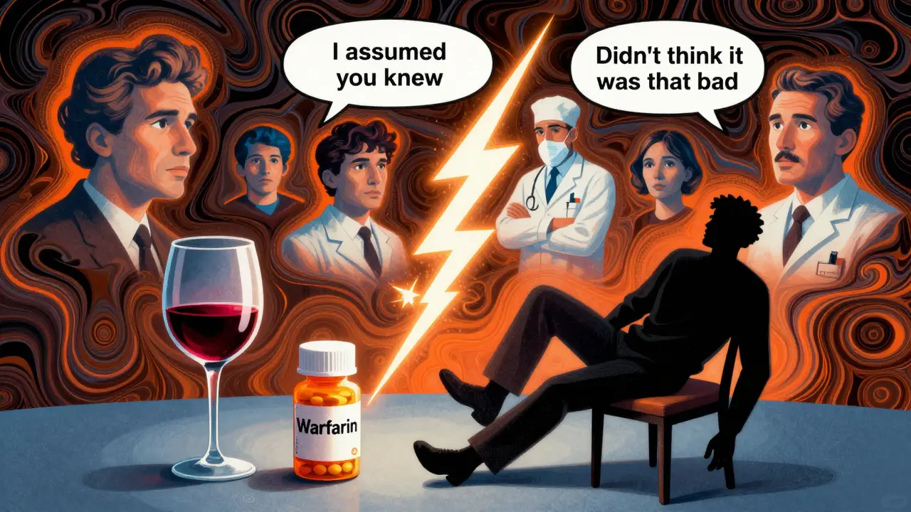 Dinner table scene with wine and warfarin connected by lightning, person collapsing amid distorted medical figures.