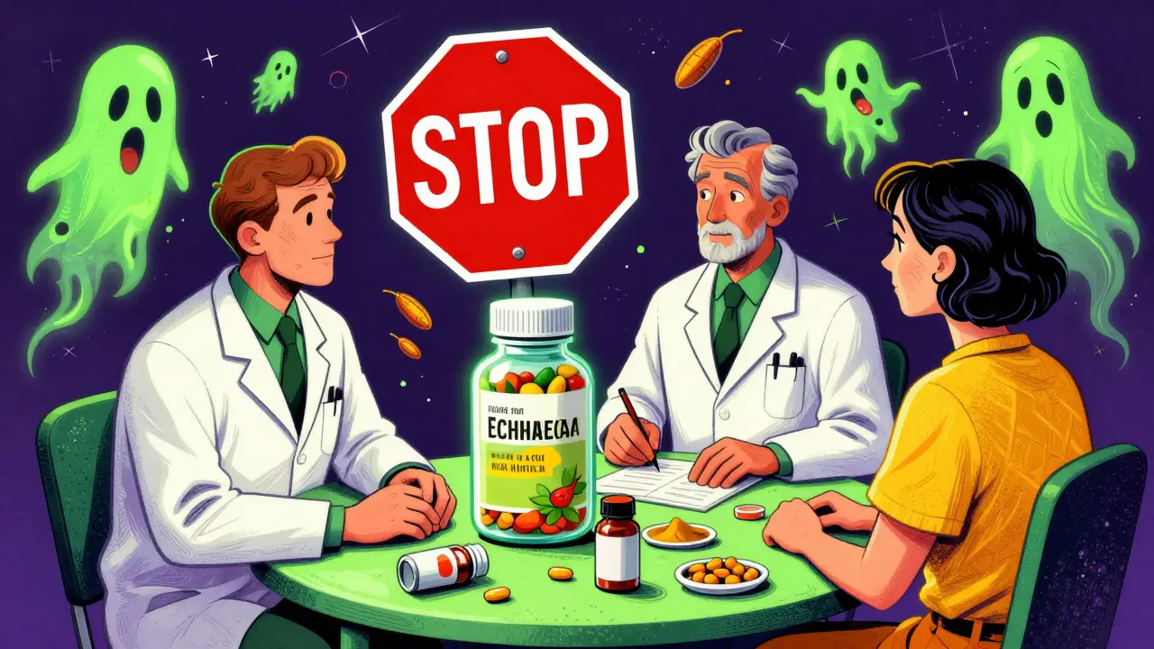 Doctor and patient at table with echinacea bottle marked by giant red stop sign among other supplements.