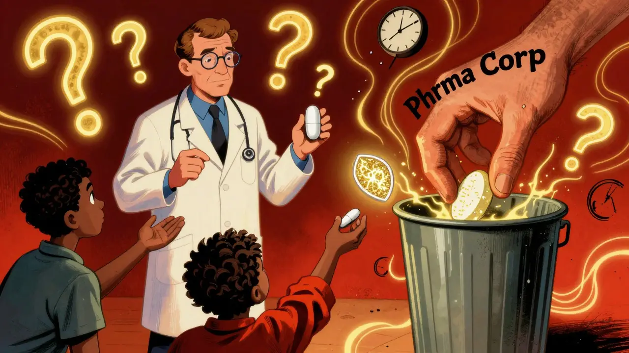 Doctor choosing between generic and branded pill as Pharma Corp pushes the cheap one away