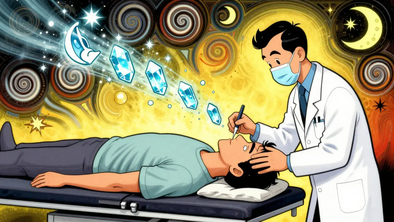 Doctor performing Dix-Hallpike maneuver with spinning crystals and dizziness symbols