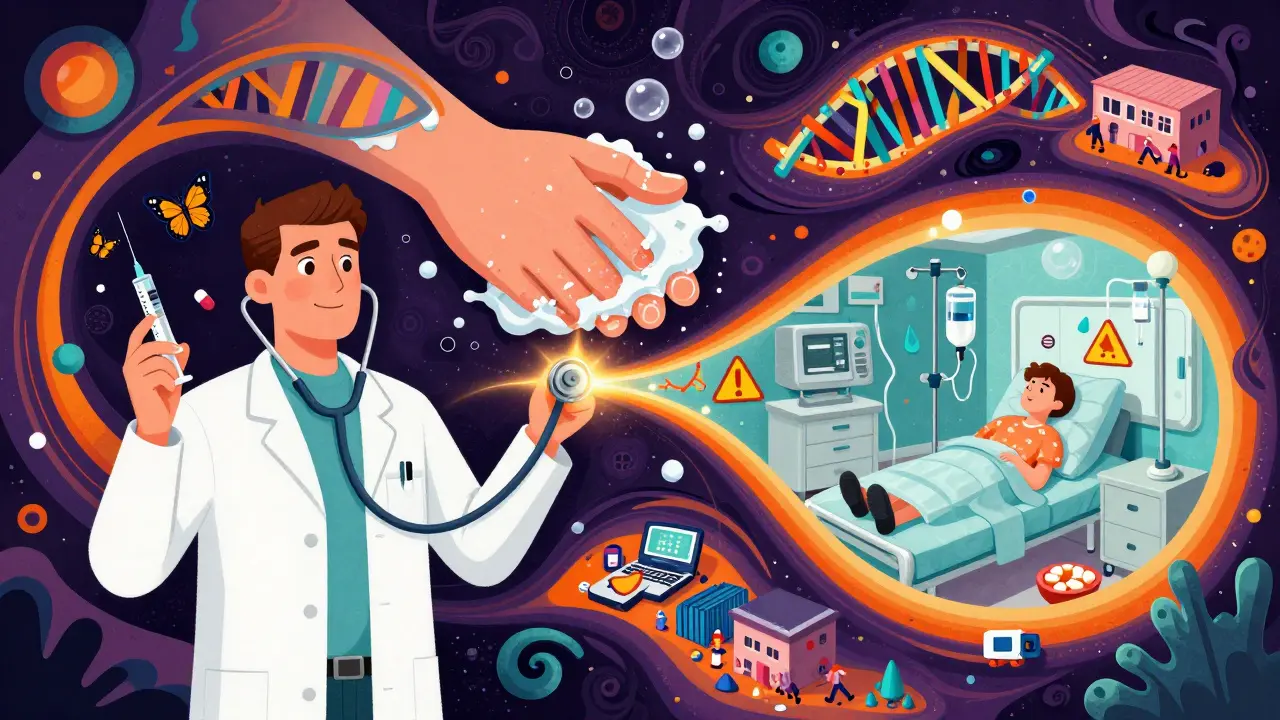 Doctor’s stethoscope splits into two treatment paths—one for simple abscess, one for ICU—while handwashing bubbles form DNA strands in swirling colors.