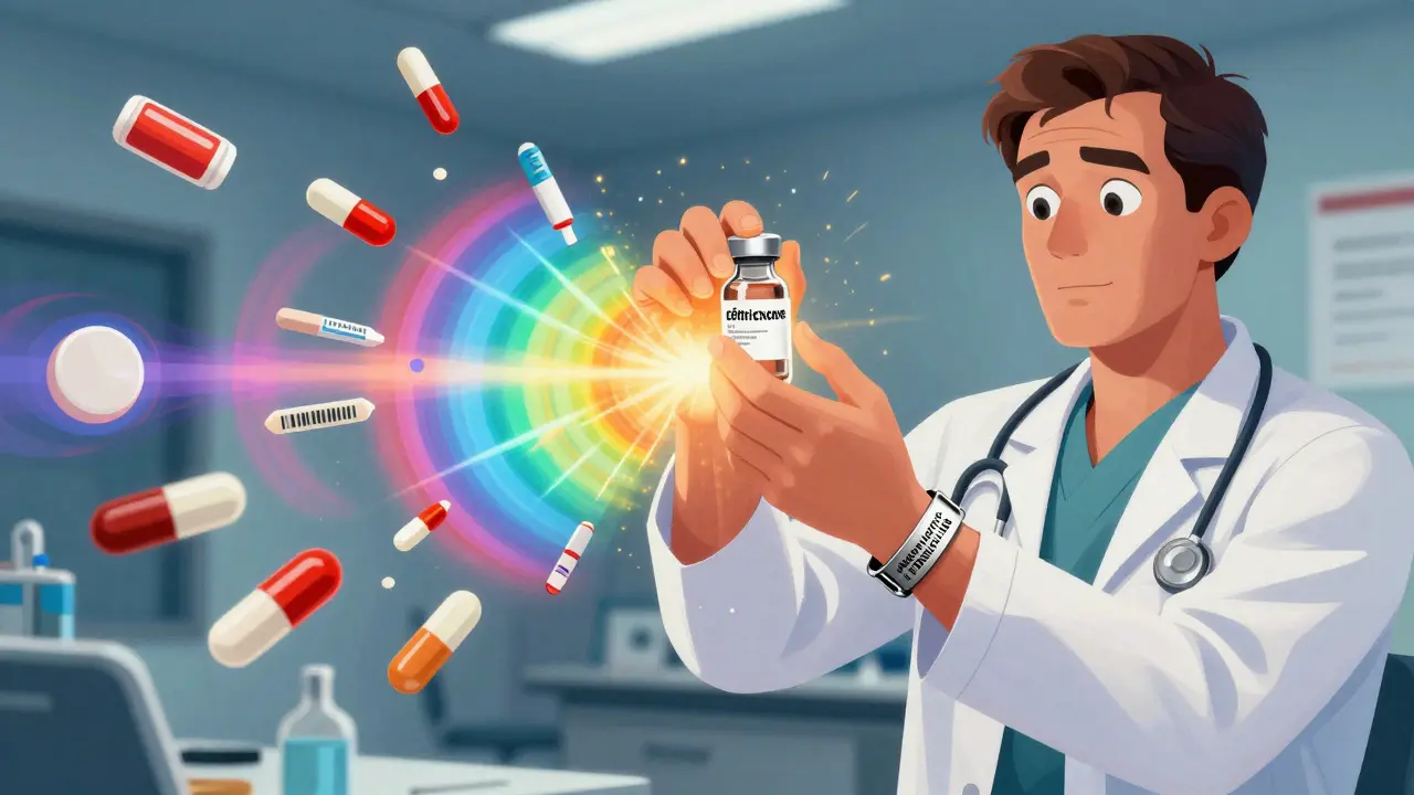 Doctor stops reaching for morphine as a glowing medical bracelet warns of penicillin allergy.