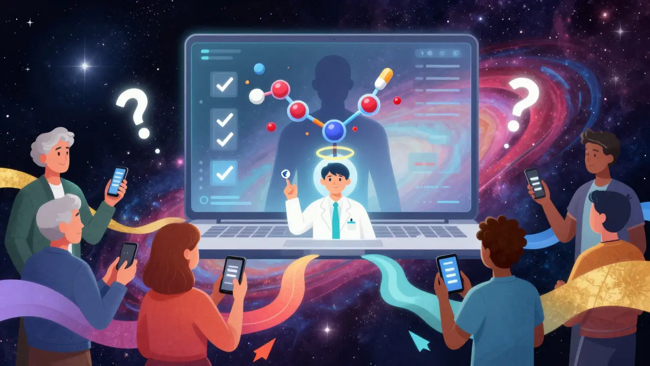 Floating digital consultation interface with animated drug molecules and connected users, all in swirling cosmic colors.