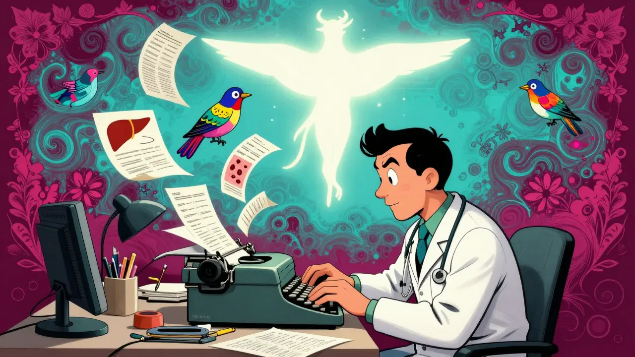 Healthcare worker typing reports that become psychedelic birds flying into a MedWatch form.