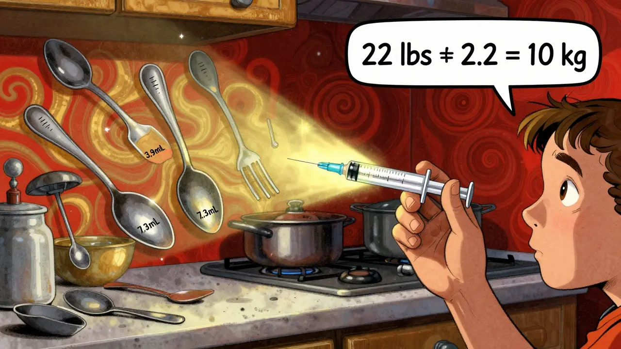Kitchen spoons floating dangerously around a glowing oral syringe, highlighting accurate dosing.