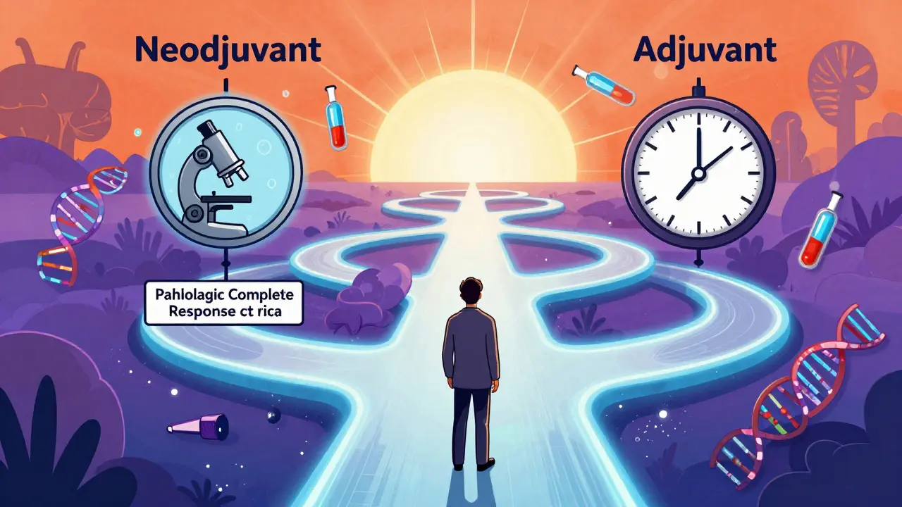 Patient at a fork in a glowing path: neoadjuvant with microscope showing complete response, adjuvant with ticking clock, surrounded by biomarkers.