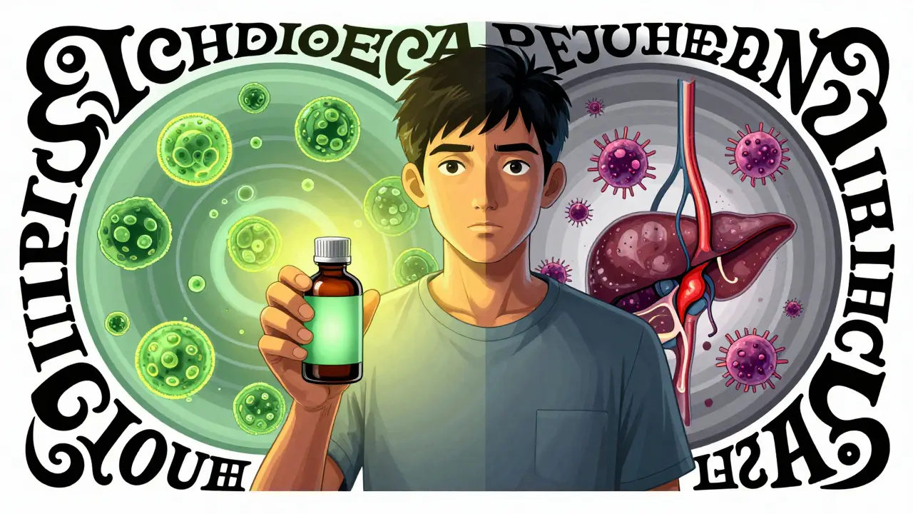 Patient holding echinacea bottle in split scene showing healthy vs. rejecting immune system.