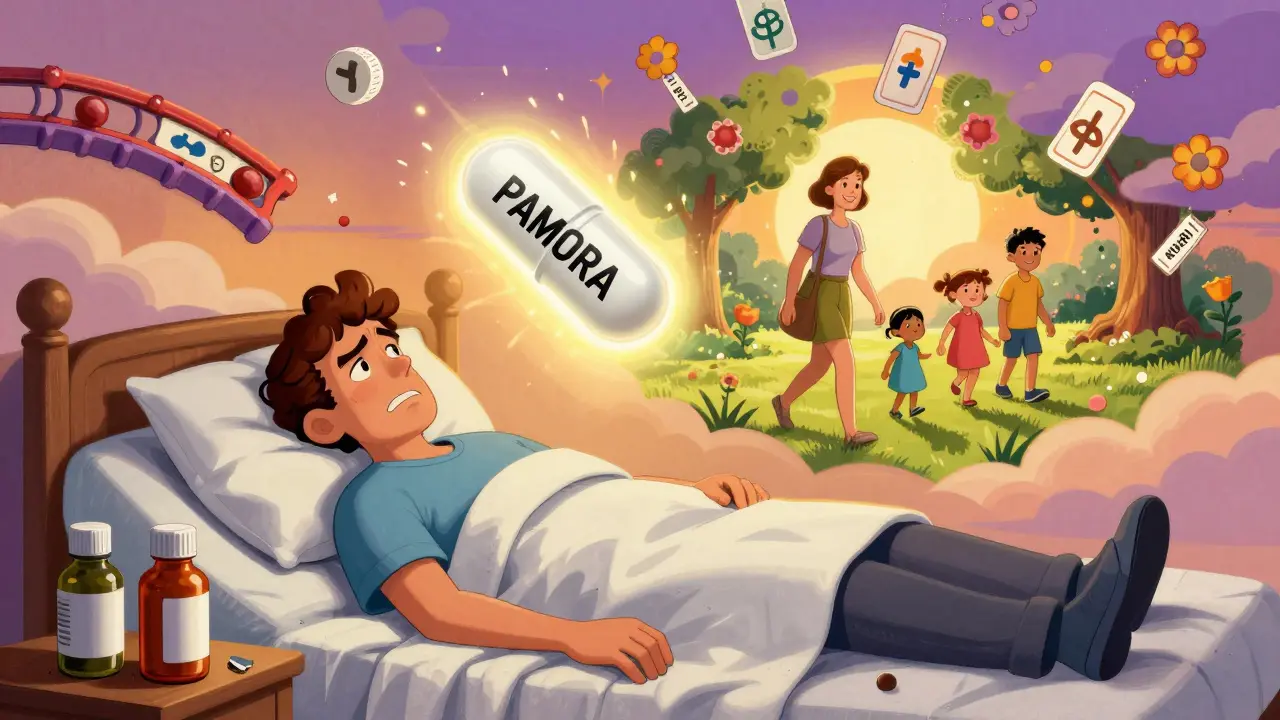 Patient surrounded by failed laxatives as a PAMORA tablet opens a portal to a joyful park scene.