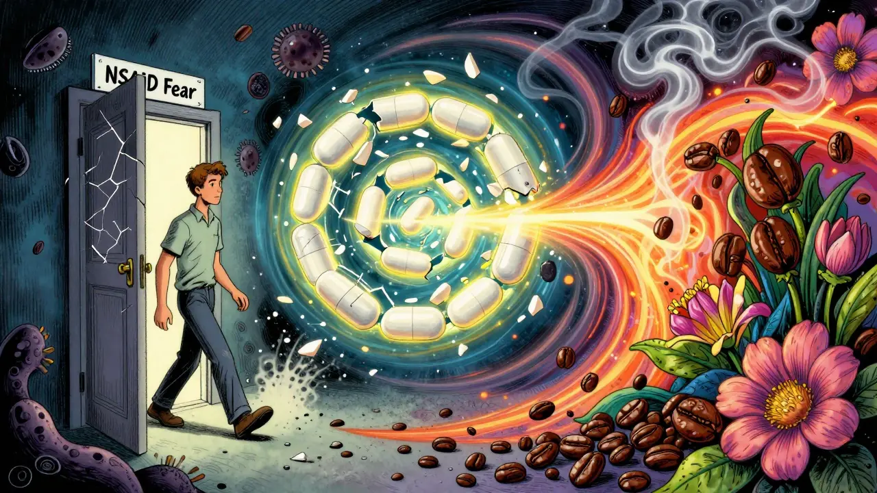 Patient walking through a door into a radiant tunnel where aspirin shards reform into a spiral of restored smell and breathing.
