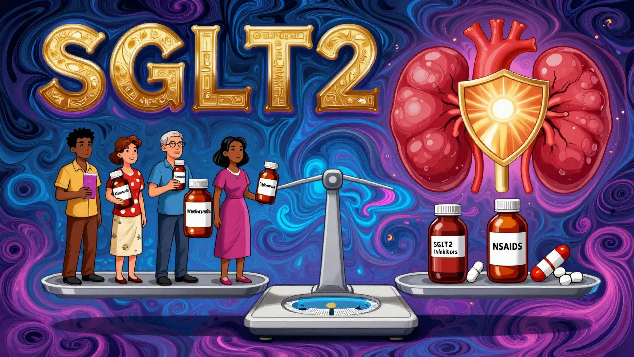 Patients holding different medication bottles, with dangerous drugs pulling down a kidney while safe ones lift it toward a heart shield.