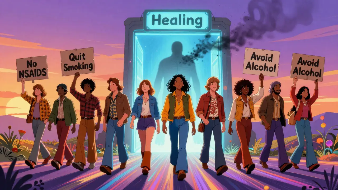 People walking through a healing portal with signs for healthy habits, leaving behind a fading chronic gastritis figure.