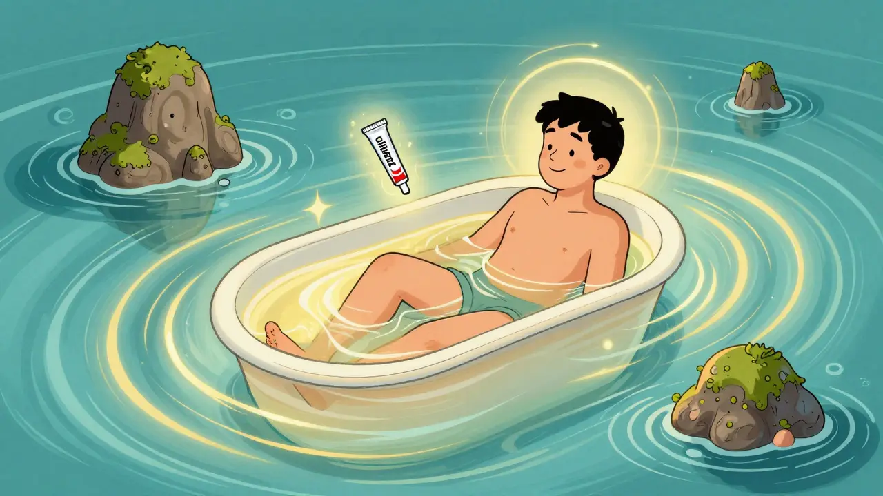 Person in a glowing sitz bath with healing symbols floating nearby, rendered in psychedelic art style.