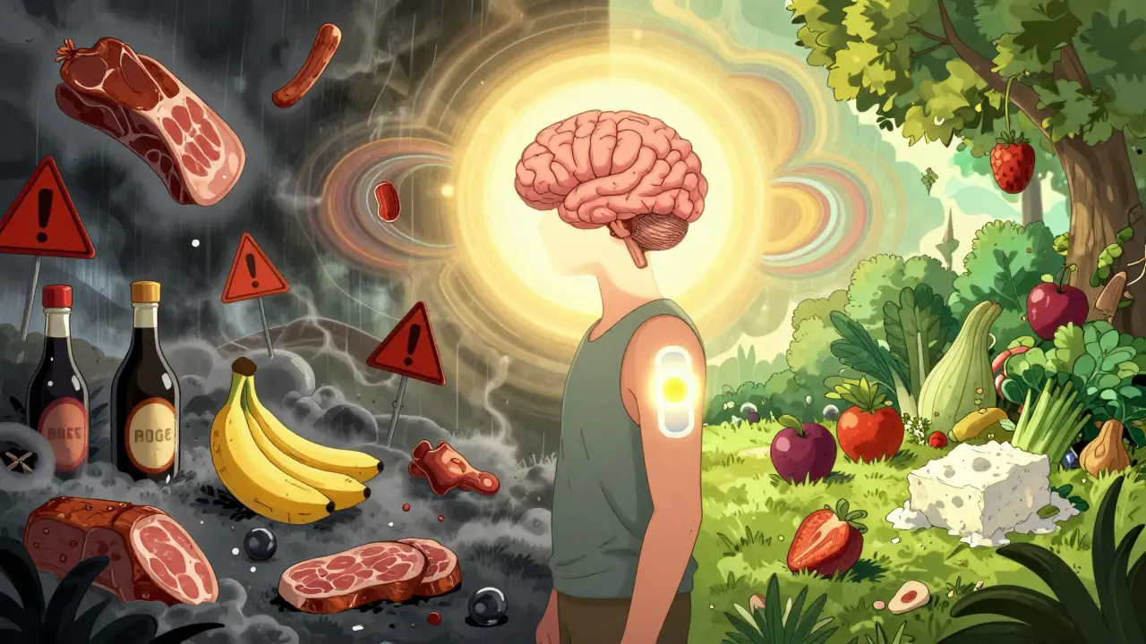 Person with glowing MAOI patch standing between dangerous foods and safe foods in a surreal, colorful divide.