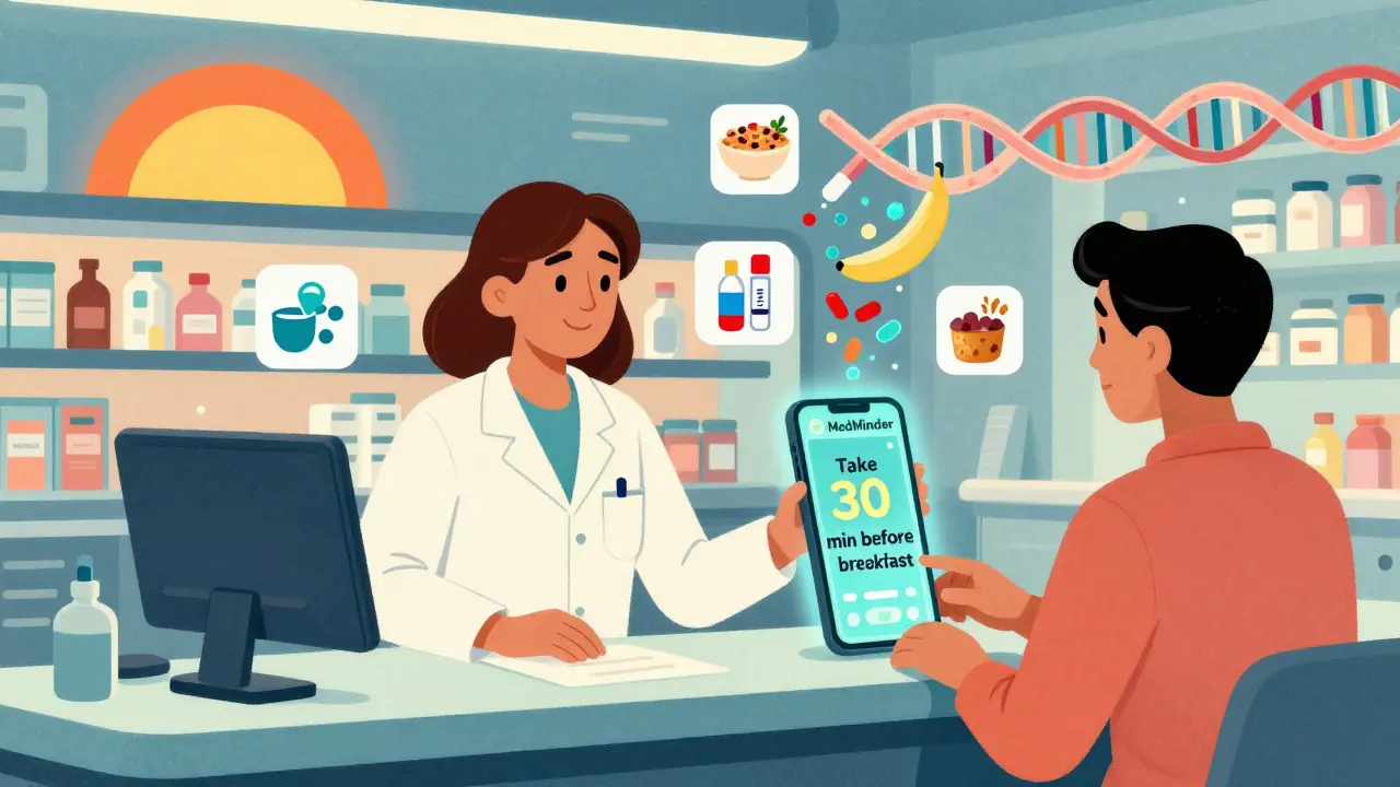 Pharmacist gives patient a glowing app showing personalized medication timing with sunrise and DNA motifs.