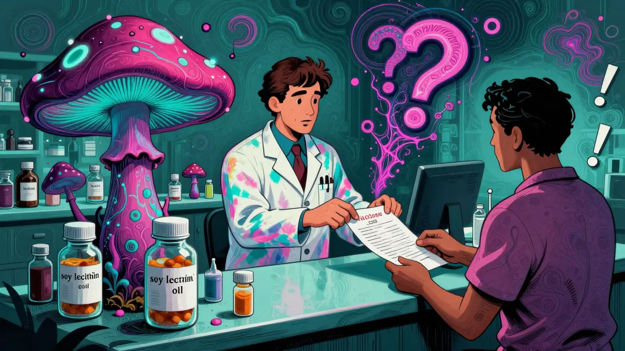 Pharmacy bottles morphing into psychedelic mushrooms with invisible allergens pulsing in swirling neon patterns.