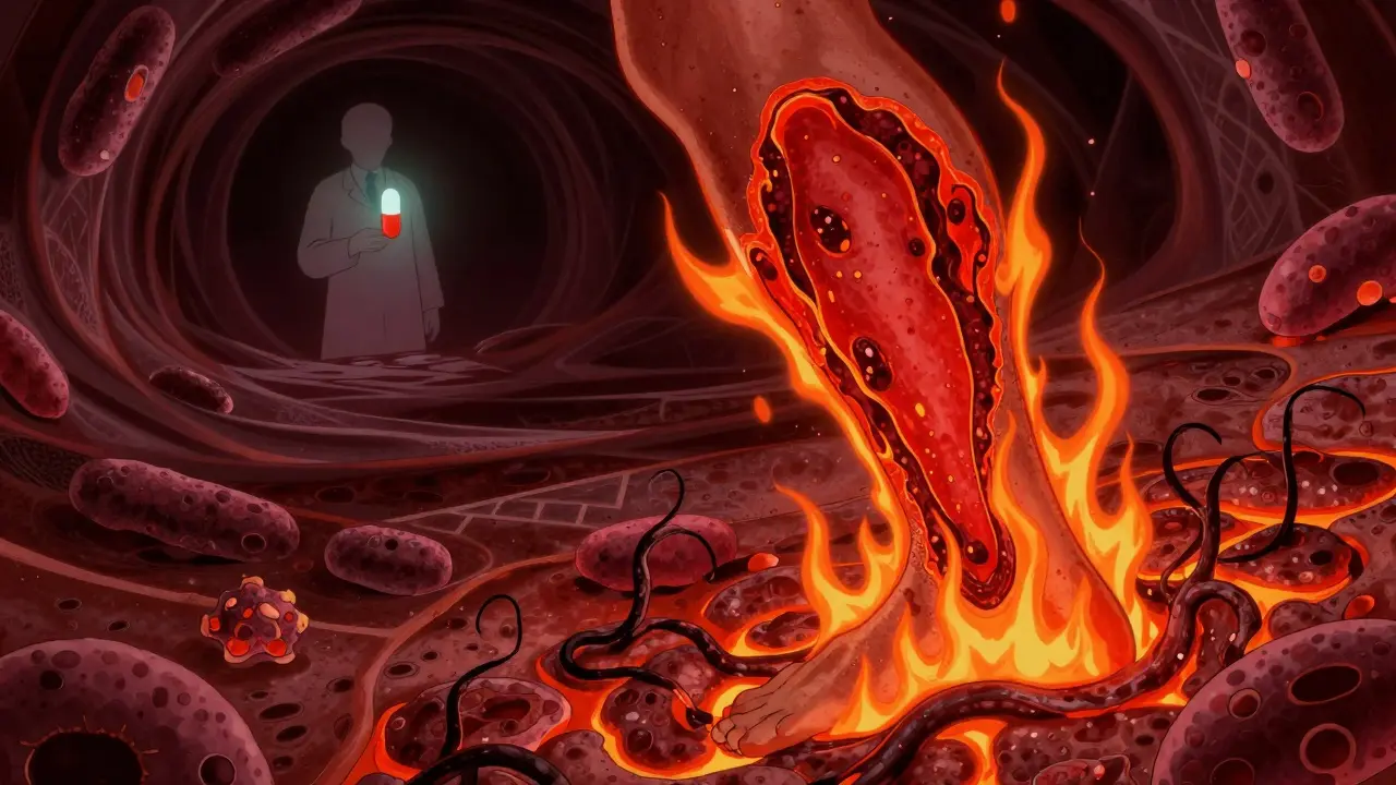 Red, spreading patch on leg with glowing tendrils and abstract geometric patterns suggesting deep infection.