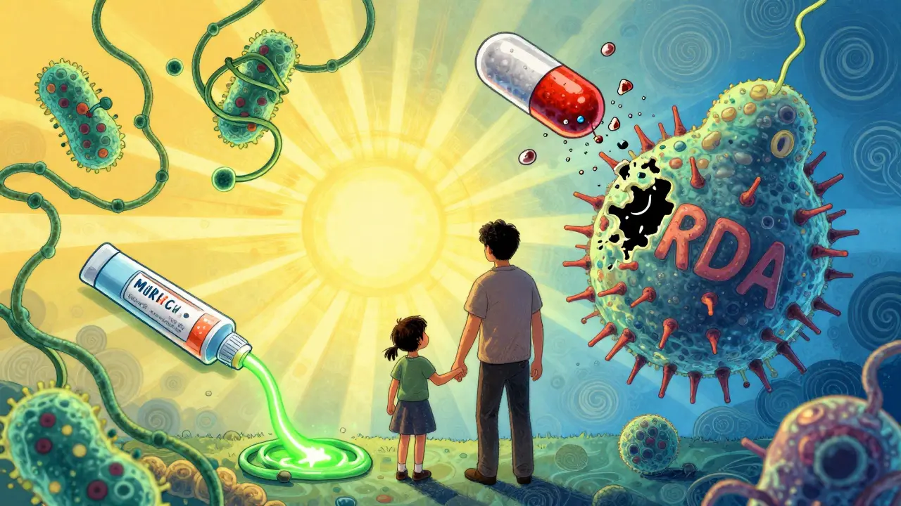 Split scene: antibiotic molecules defeating bacteria vs. MRSA resisting penicillin, with hopeful sunburst between.