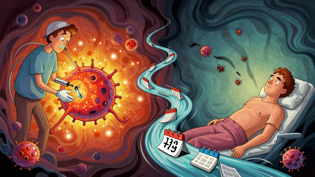 Split scene: tumor dissolving before surgery vs. cancer cells fleeing after, connected by a flowing timeline in 1960s poster style.