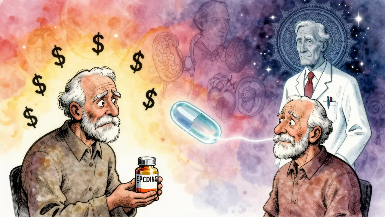 Split-screen scene showing patient transitioning from expensive brand-name pills to glowing generic alternatives with a mystical pharmacist.