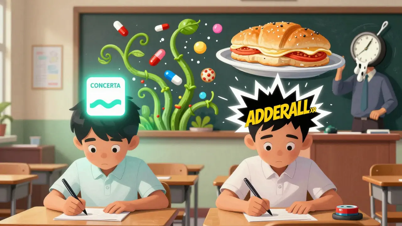 Student's head split between steady focus and fading concentration due to food-interfered medication.