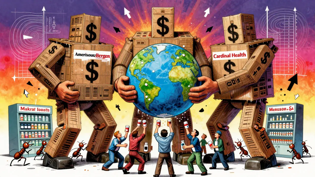 Three colossal wholesalers made of crates and money controlling a globe of generic pills in swirling psychedelic art.