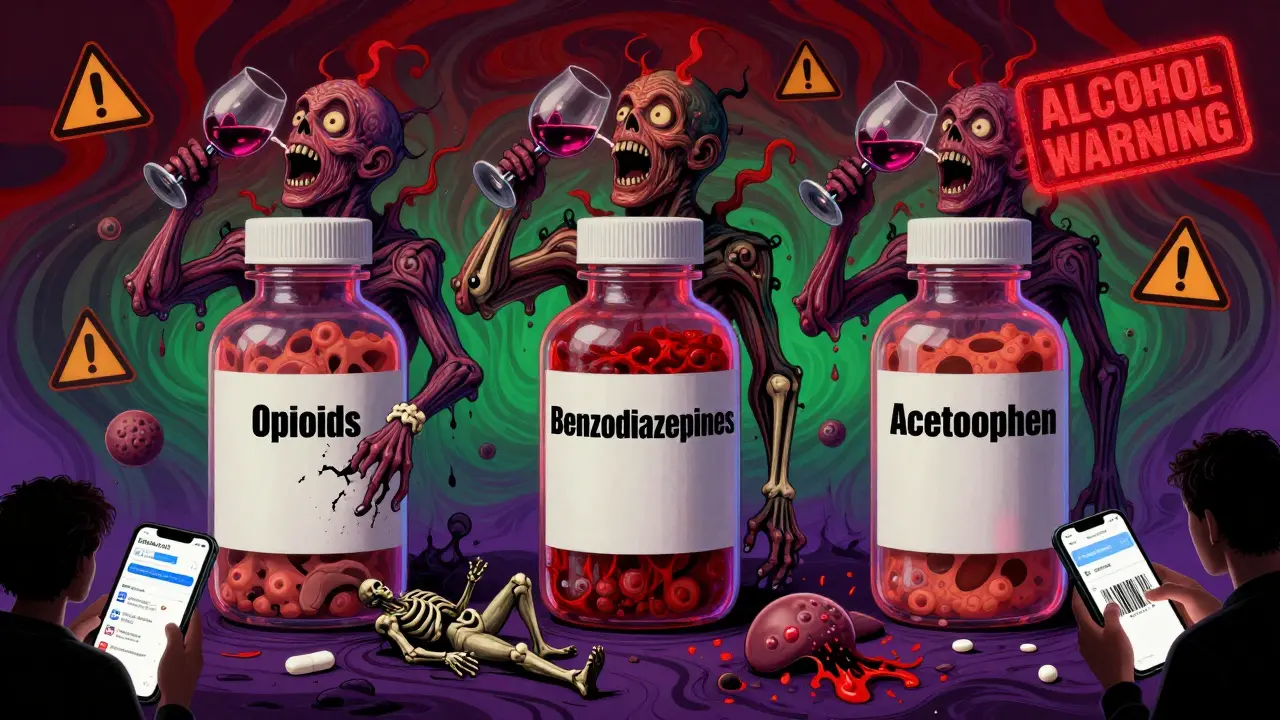 Three medication bottles with monstrous faces drinking wine, surrounded by falling bodies and warning symbols in psychedelic style.