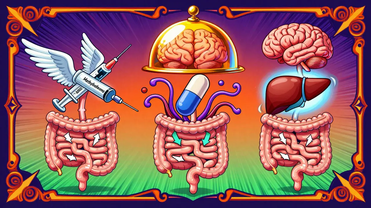 Three PAMORA characters flying through the body, avoiding the brain and restoring bowel flow.