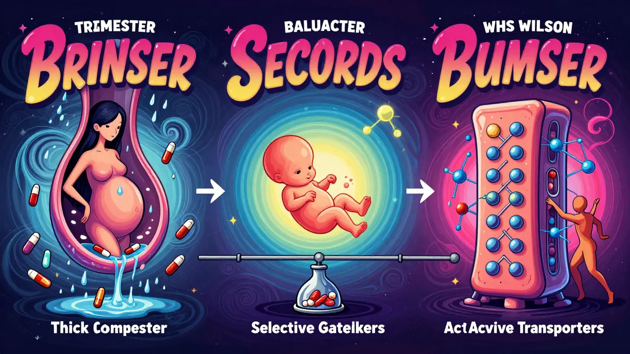 Three stages of placental development shown as surreal, flowing psychedelic timelines during pregnancy.