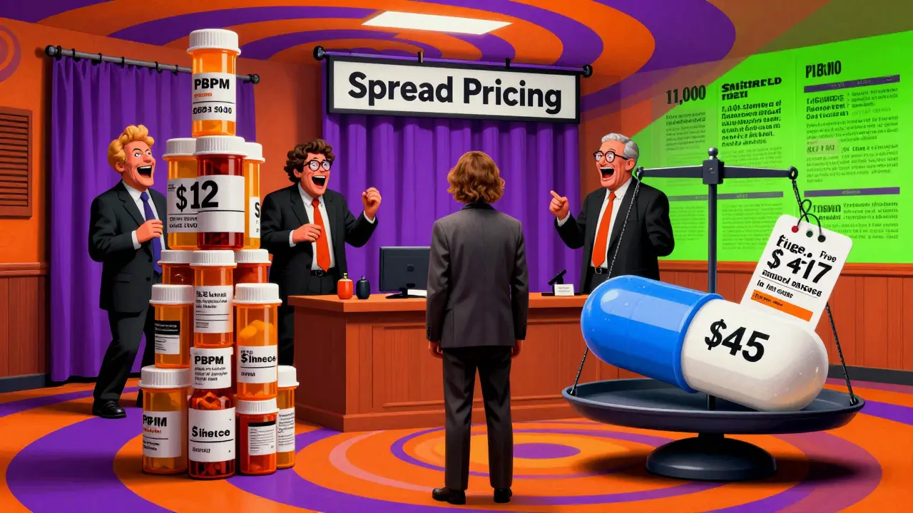 A courtroom where PBMs laugh as a patient faces an inflated drug price, with murals of closed pharmacies in the background.