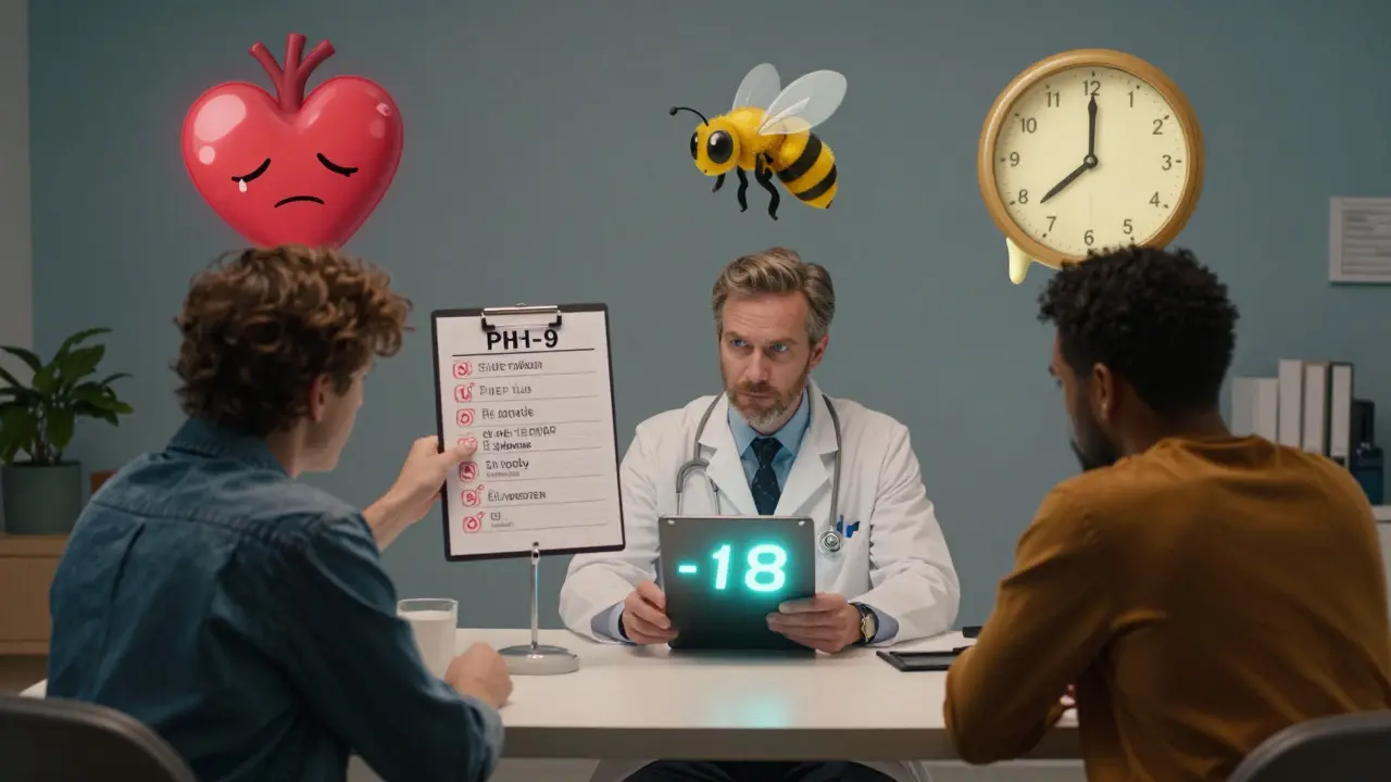 A doctor and patient discussing depression tracking with floating mood symbols and a glowing PHQ-9 score in a vibrant, swirling room.