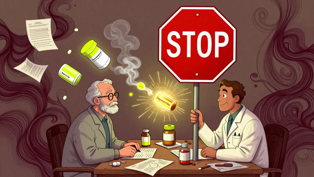 A doctor and pharmacist reviewing medications with an older adult, one harmful pill dissolving as a STOP sign glows above.