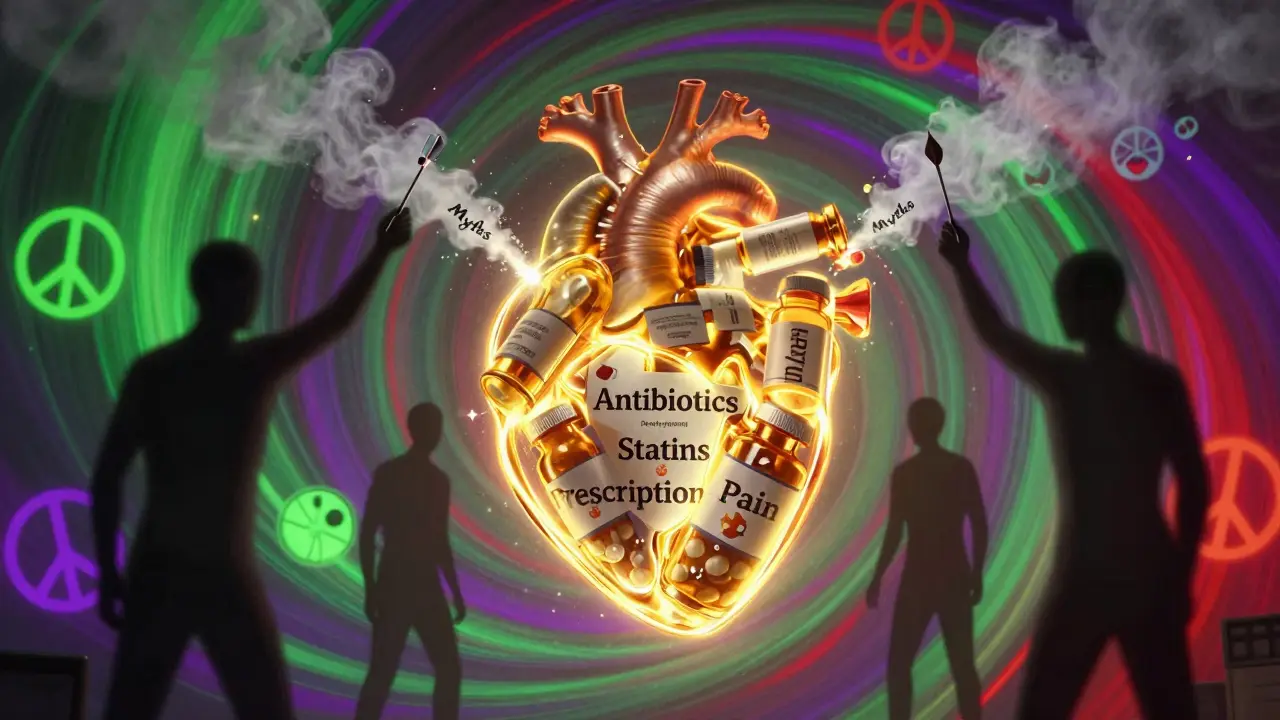 A glowing heart is protected by pill bottles as myth darts dissolve into smoke, set against a swirling psychedelic background of medical symbols and peace signs.