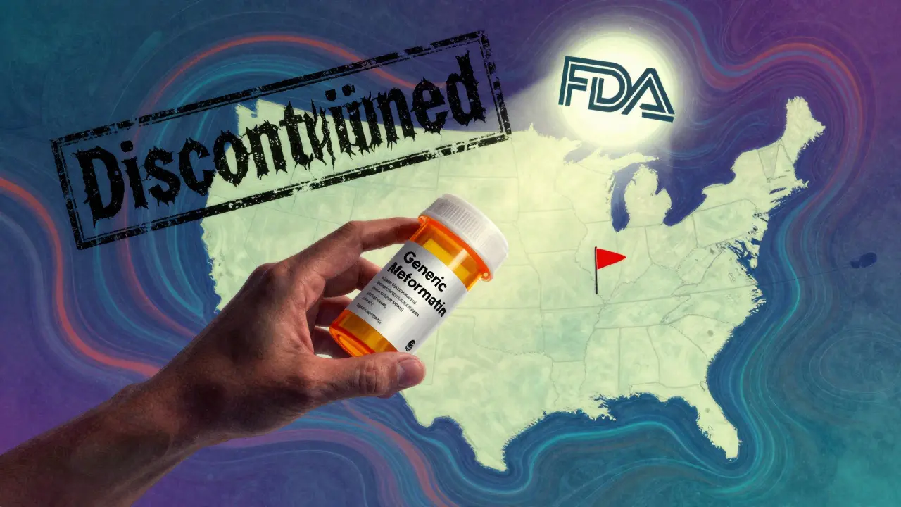 A hand reaches for a generic pill as a 'Discontinued' stamp looms, lit by an FDA logo in swirling colors.
