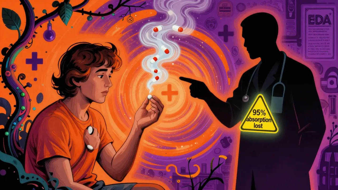 A patient loses drug molecules to a warning label as abstract medical symbols swirl around them in vivid colors.
