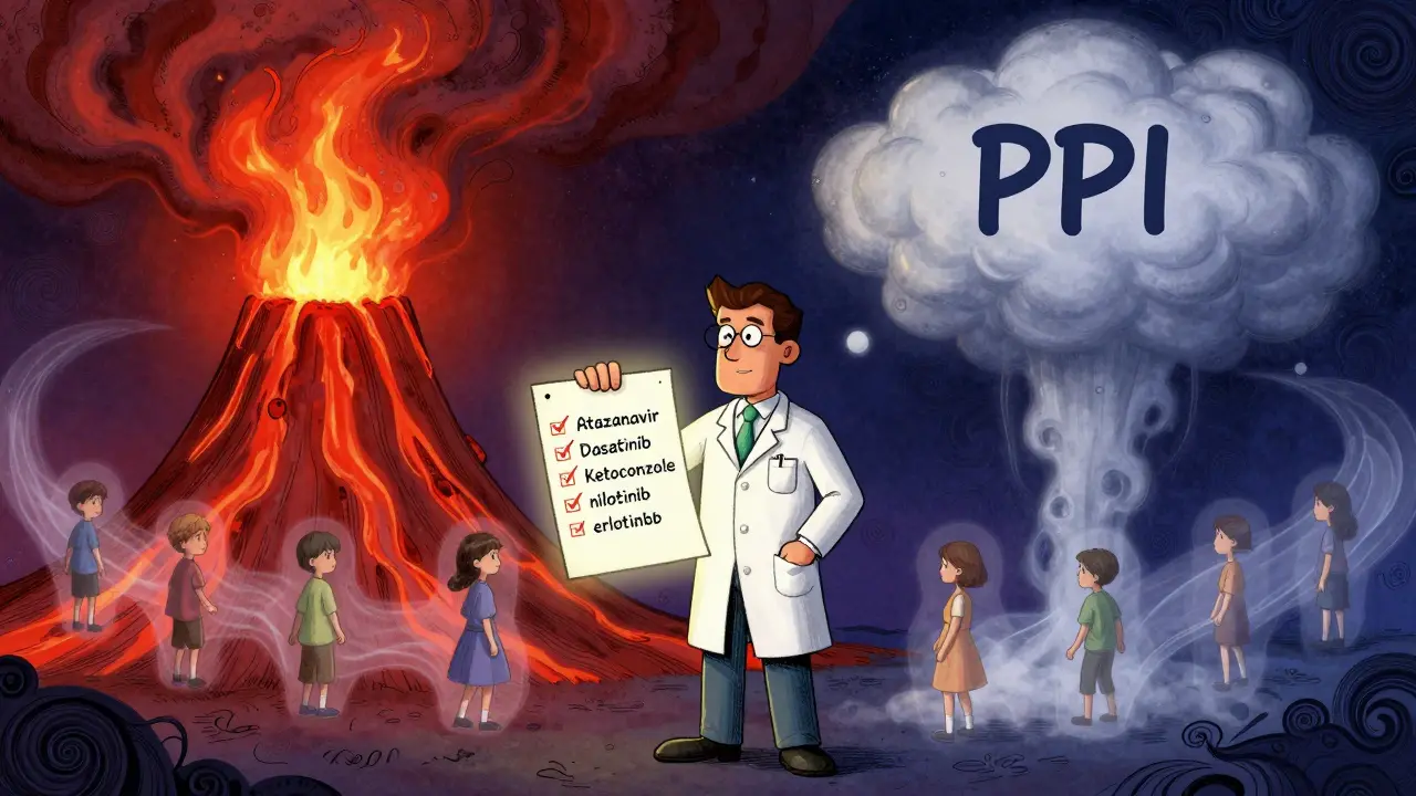 A pharmacist faces two forces—acid and PPIs—while five critical drugs glow ominously in a psychedelic illustration.