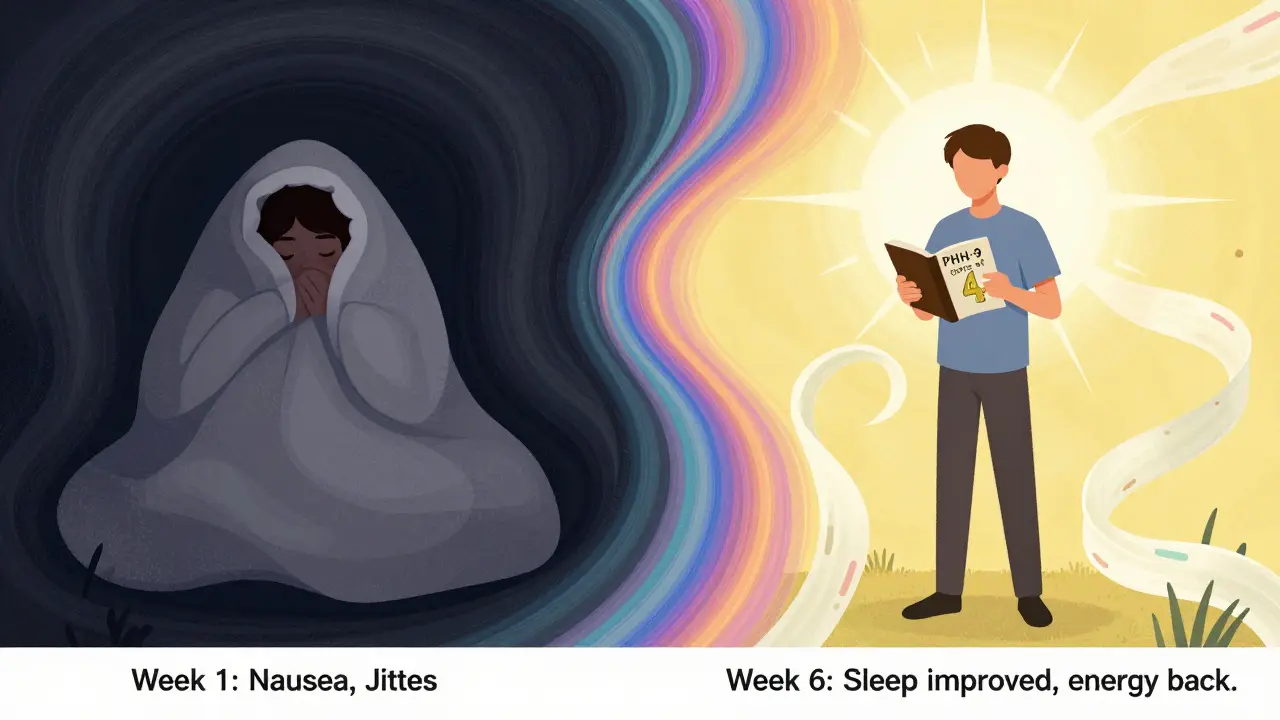 A split image showing a person’s journey from depressive symptoms to improvement, illustrated with flowing psychedelic colors and labels.