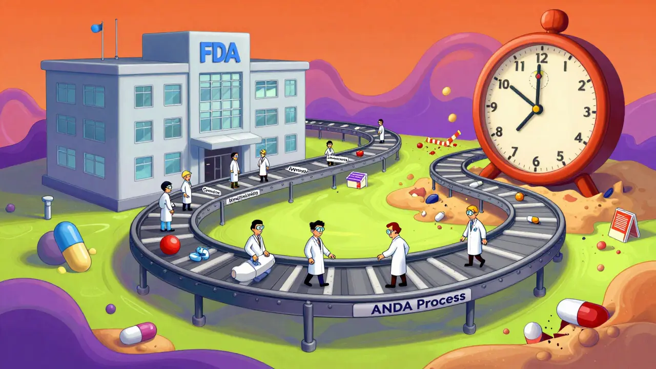 A surreal conveyor belt labeled 'ANDA Process' moving pills through FDA checkpoints, with crumbling patent barriers and a 10-month clock.