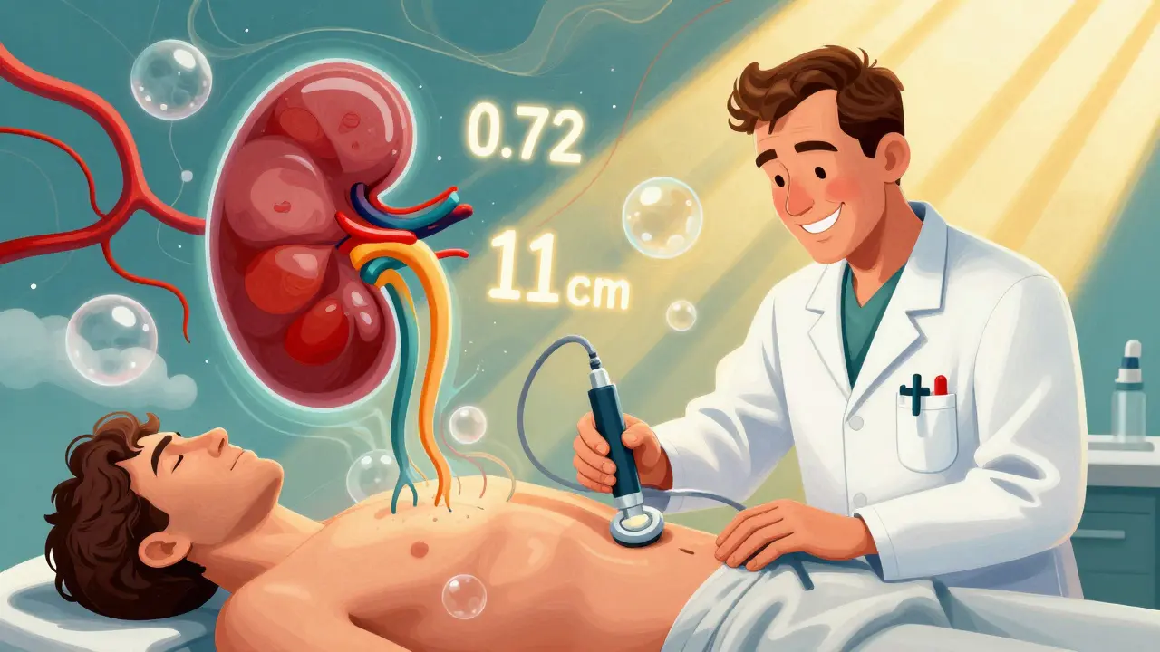A technician performing an ultrasound with floating abstract measurements and blood vessels, rendered in swirling, colorful 1960s-inspired style.