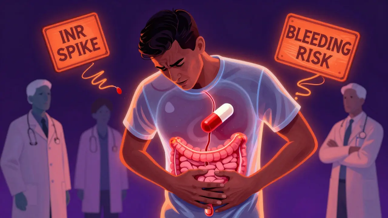 A transparent patient shows internal bleeding from a warfarin-NSAID combo, with swirling warning signs and neon lights in psychedelic style.
