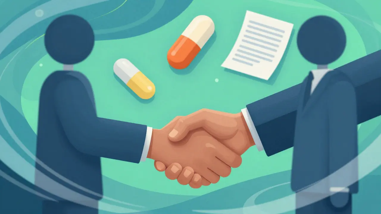 Abstract handshake between pharmaceutical company and PBM negotiators with pill